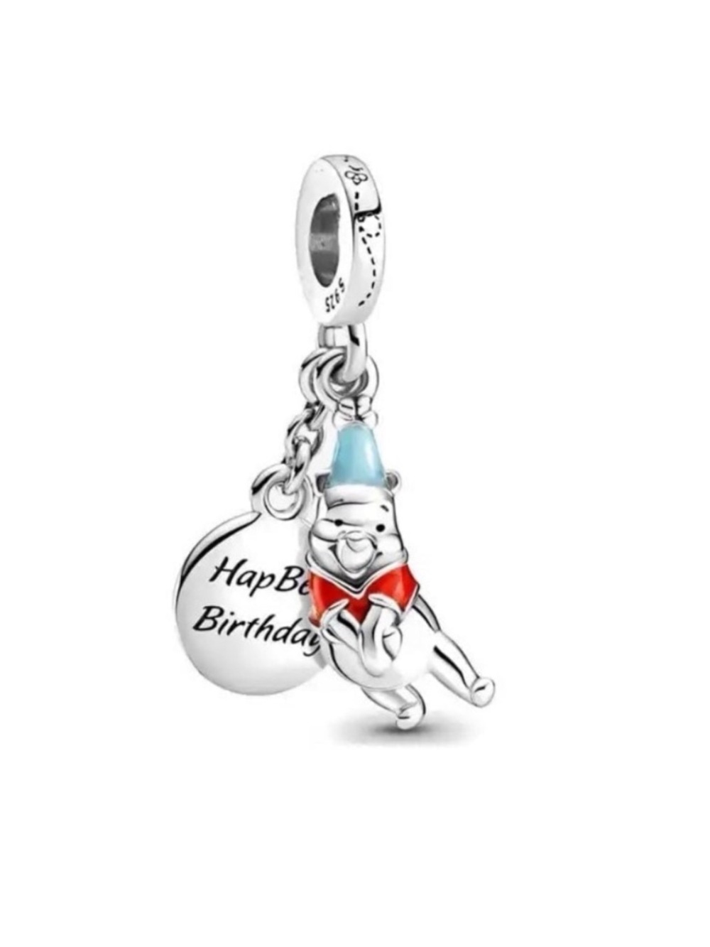 Sterling Silver Winnie the Pooh Birthday Charm with Red Shirt and Blue Hat
